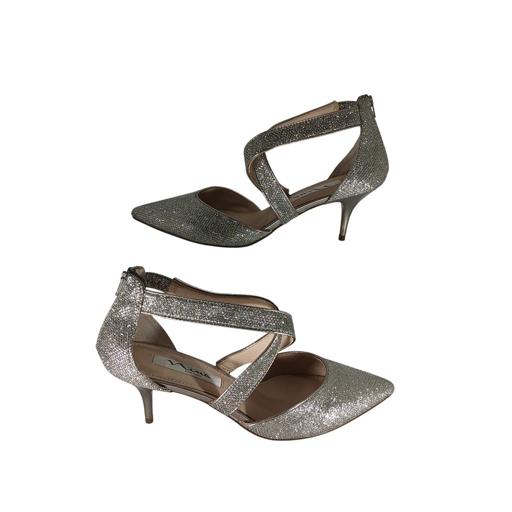 Nina New York Pumps 7M Silver Glitter d'Orsay Kitten Heel Sparkly Evening Z852